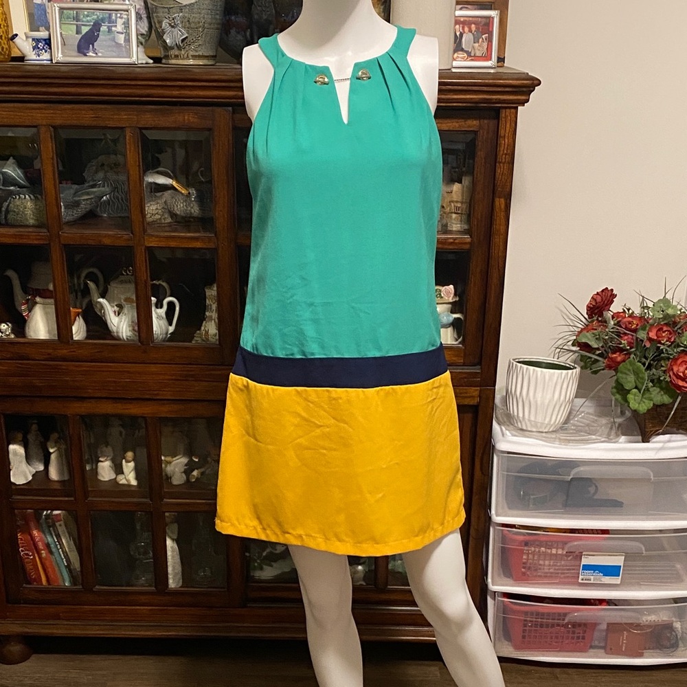 Ya Los Angeles Teal and Yellow Colorblock Mini Dress